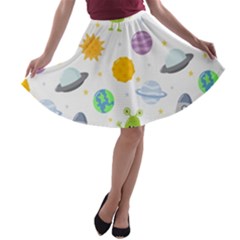 Seamless Pattern Cartoon Space Planets Isolated White Background A-line Skater Skirt by Hannah976