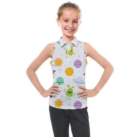 Seamless Pattern Cartoon Space Planets Isolated White Background Kids  Sleeveless Polo T-shirt by Hannah976