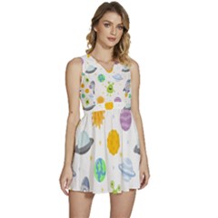 Seamless Pattern Cartoon Space Planets Isolated White Background Sleeveless High Waist Mini Dress