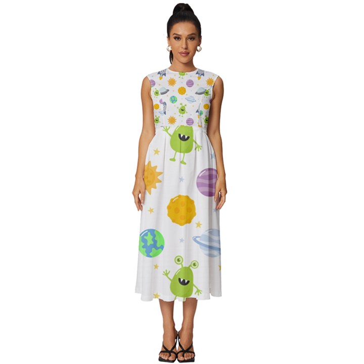 Seamless Pattern Cartoon Space Planets Isolated White Background Sleeveless Round Neck Midi Dress