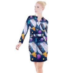 Spaceship Astronaut Space Button Long Sleeve Dress by Hannah976