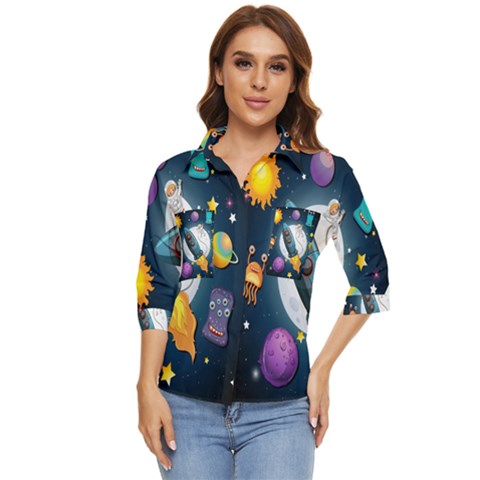 Spaceship Astronaut Space Women s Quarter Sleeve Pocket Shirt by Hannah976