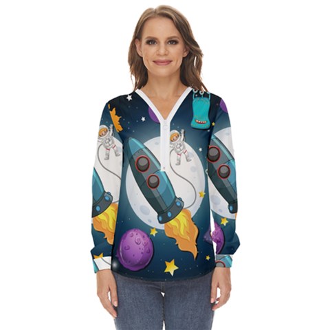 Spaceship Astronaut Space Zip Up Long Sleeve Blouse by Hannah976