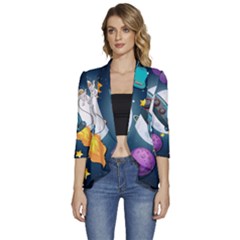 Spaceship Astronaut Space Women s 3/4 Sleeve Ruffle Edge Open Front Jacket by Hannah976