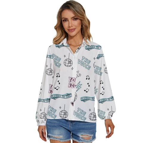 Music Themed Doodle Seamless Background Women s Long Sleeve Button Up Shirt by Hannah976