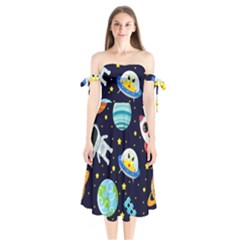 Space Seamless Pattern Illustration Shoulder Tie Bardot Midi Dress by Hannah976