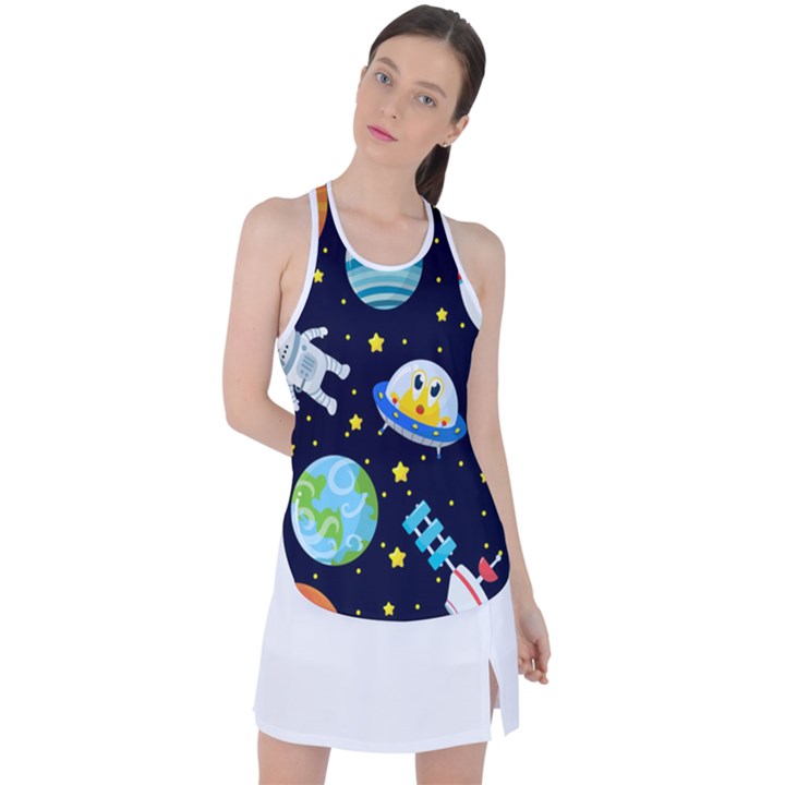 Space Seamless Pattern Illustration Racer Back Mesh Tank Top