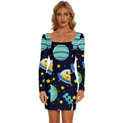 Space Seamless Pattern Illustration Long Sleeve Square Neck Bodycon Velvet Dress by Hannah976