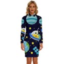 Space Seamless Pattern Illustration Long Sleeve Shirt Collar Bodycon Dress View1