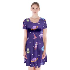 Space Seamless Pattern Short Sleeve V-neck Flare Dress by Hannah976