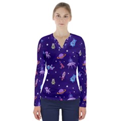 Space Seamless Pattern V-neck Long Sleeve Top by Hannah976