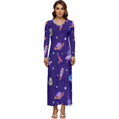 Space Seamless Pattern Long Sleeve Longline Maxi Dress by Hannah976