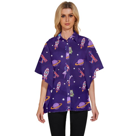 Space Seamless Pattern Women s Batwing Button Up Shirt by Hannah976