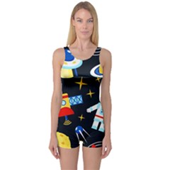 Space Seamless Pattern Cartoon Art One Piece Boyleg Swimsuit by Hannah976