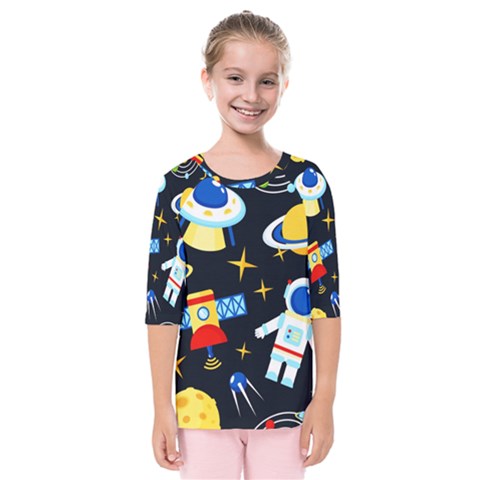 Space Seamless Pattern Cartoon Art Kids  Quarter Sleeve Raglan T-shirt by Hannah976