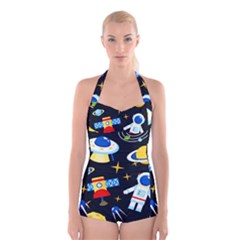 Space Seamless Pattern Cartoon Art Boyleg Halter Swimsuit  by Hannah976