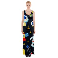 Space Seamless Pattern Cartoon Art Thigh Split Maxi Dress by Hannah976