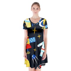 Space Seamless Pattern Cartoon Art Short Sleeve V-neck Flare Dress by Hannah976