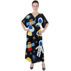 Space Seamless Pattern Cartoon Art V-neck Boho Style Maxi Dress by Hannah976