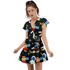 Space Seamless Pattern Cartoon Art Flutter Sleeve Wrap Dress by Hannah976