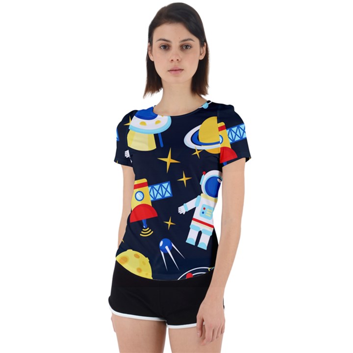 Space Seamless Pattern Cartoon Art Back Cut Out Sport T-Shirt