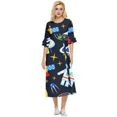 Space Seamless Pattern Cartoon Art Double Cuff Midi Dress