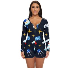 Space Seamless Pattern Cartoon Art Long Sleeve Boyleg Swimsuit by Hannah976