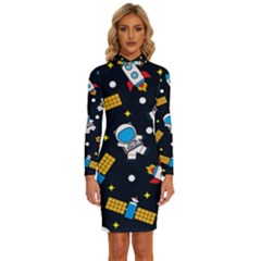 Seamless Adventure Space Vector Pattern Background Long Sleeve Shirt Collar Bodycon Dress by Hannah976