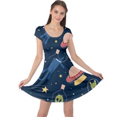 Seamless Pattern With Funny Aliens Cat Galaxy Cap Sleeve Dress by Hannah976