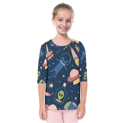 Seamless Pattern With Funny Aliens Cat Galaxy Kids  Quarter Sleeve Raglan T-shirt by Hannah976