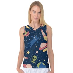 Seamless Pattern With Funny Aliens Cat Galaxy Women s Basketball Tank Top by Hannah976