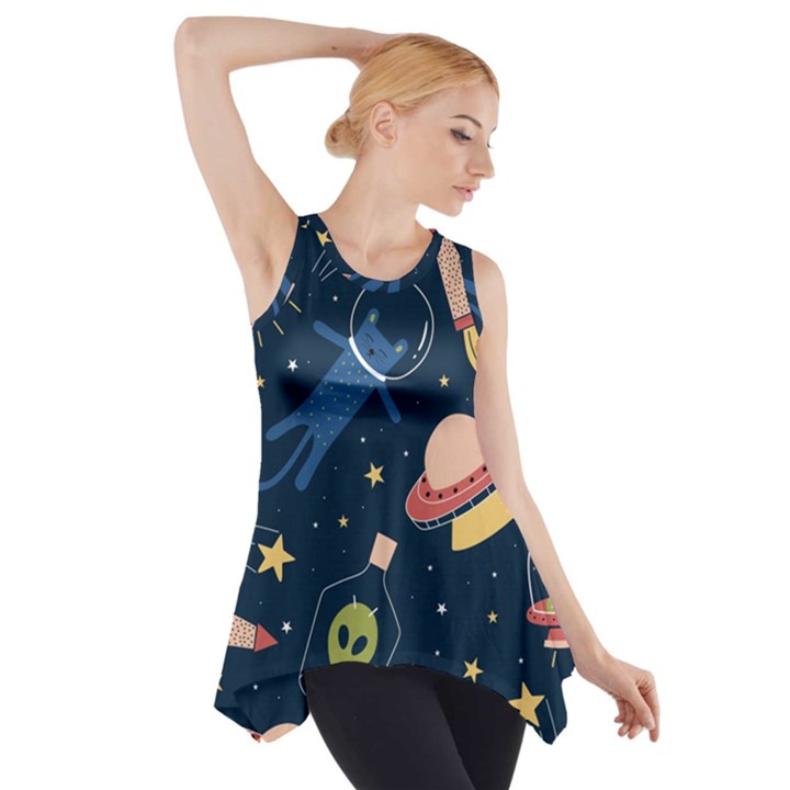 Seamless Pattern With Funny Aliens Cat Galaxy Side Drop Tank Tunic