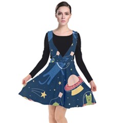 Seamless Pattern With Funny Aliens Cat Galaxy Plunge Pinafore Dress by Hannah976