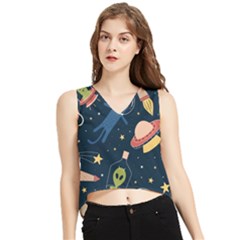 Seamless Pattern With Funny Aliens Cat Galaxy V-neck Cropped Tank Top by Hannah976