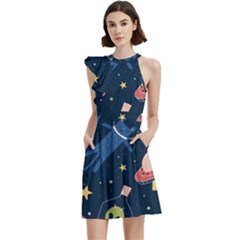 Seamless Pattern With Funny Aliens Cat Galaxy Cocktail Party Halter Sleeveless Dress With Pockets