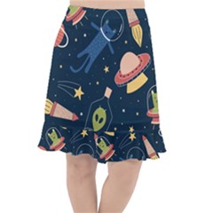 Seamless Pattern With Funny Aliens Cat Galaxy Fishtail Chiffon Skirt by Hannah976