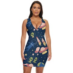 Seamless Pattern With Funny Aliens Cat Galaxy Draped Bodycon Dress by Hannah976