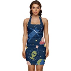 Seamless Pattern With Funny Aliens Cat Galaxy Sleeveless Wide Square Neckline Ruched Bodycon Dress by Hannah976