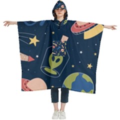 Seamless Pattern With Funny Aliens Cat Galaxy Women s Hooded Rain Ponchos by Hannah976