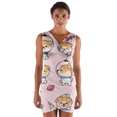 Set Kawaii Smile Japanese Dog Akita Inu Cartoon Wrap Front Bodycon Dress by Hannah976