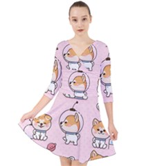 Set Kawaii Smile Japanese Dog Akita Inu Cartoon Quarter Sleeve Front Wrap Dress by Hannah976