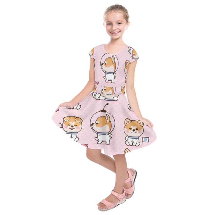 Set Kawaii Smile Japanese Dog Akita Inu Cartoon Kids  Short Sleeve Dress