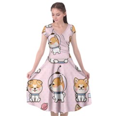 Set Kawaii Smile Japanese Dog Akita Inu Cartoon Cap Sleeve Wrap Front Dress by Hannah976