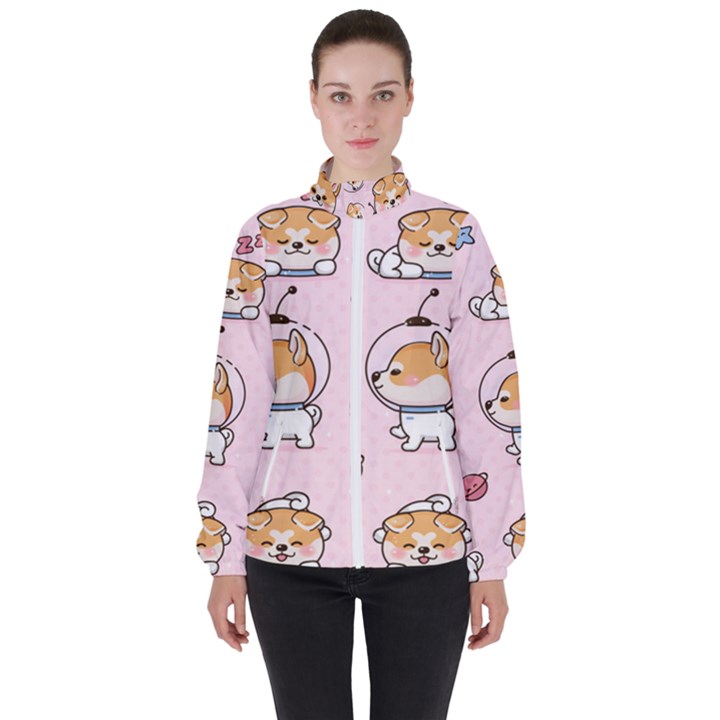 Set Kawaii Smile Japanese Dog Akita Inu Cartoon Women s High Neck Windbreaker