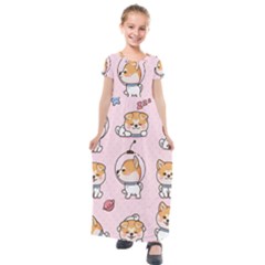 Set Kawaii Smile Japanese Dog Akita Inu Cartoon Kids  Short Sleeve Maxi Dress by Hannah976