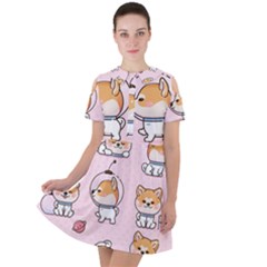 Set Kawaii Smile Japanese Dog Akita Inu Cartoon Short Sleeve Shoulder Cut Out Dress  by Hannah976