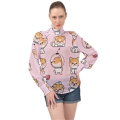 Set Kawaii Smile Japanese Dog Akita Inu Cartoon High Neck Long Sleeve Chiffon Top by Hannah976