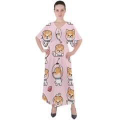 Set Kawaii Smile Japanese Dog Akita Inu Cartoon V-neck Boho Style Maxi Dress by Hannah976