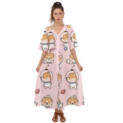 Set Kawaii Smile Japanese Dog Akita Inu Cartoon Kimono Sleeve Boho Dress by Hannah976