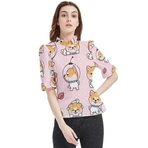 Set Kawaii Smile Japanese Dog Akita Inu Cartoon Frill Neck Blouse by Hannah976